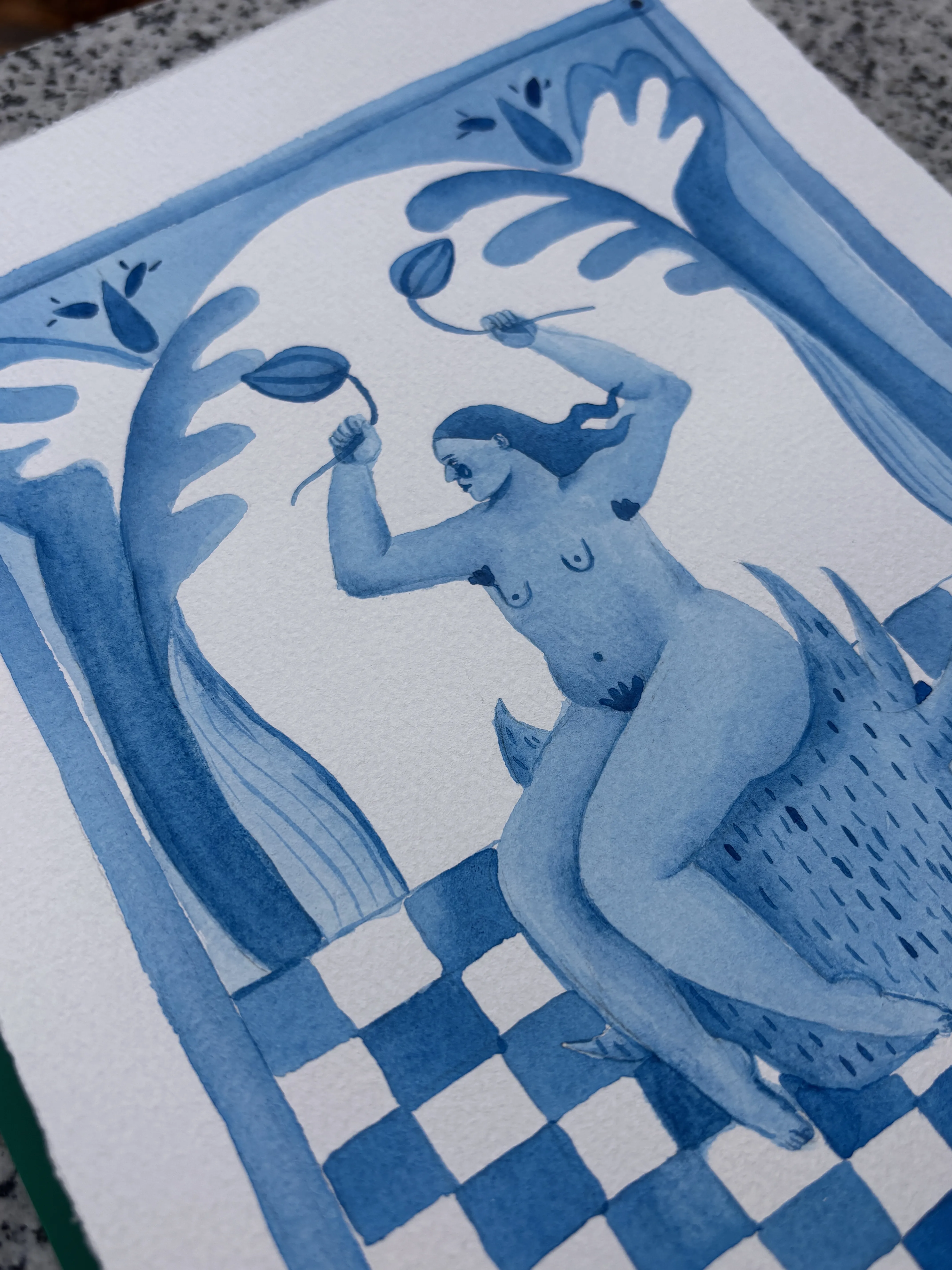 Image of With flowers by Diana Ruban , size: 30 x 21 cm, made of Paper, acrylic , Graphics medium, from Georgia , part of the Linocut, graphics series, priced at $260 Photo 2 of 3.